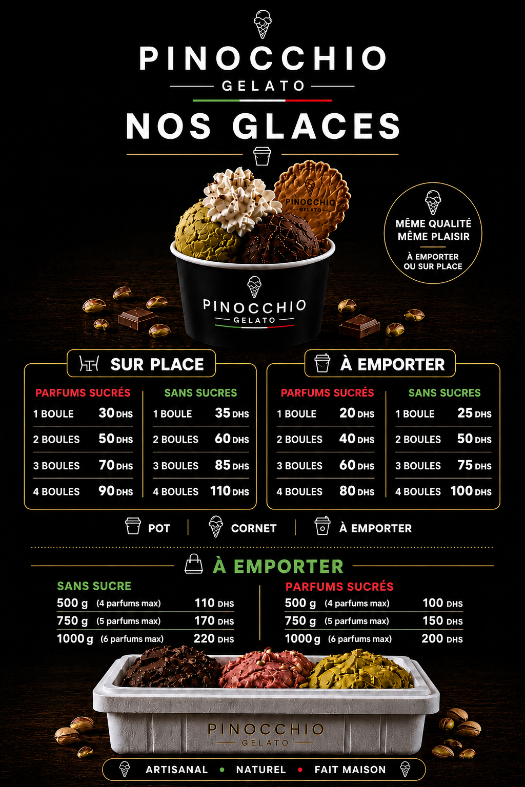 Menu Pinocchio Gelato — glaces sur place et à emporter